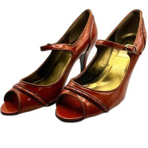 J Crew Burnt Sienna Brown Peep Toe Italian Leather Mary Jane Heels - Women 8.5